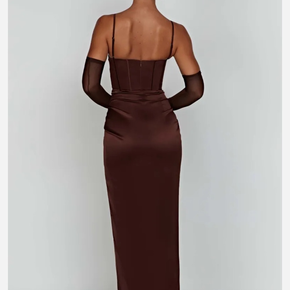 Babyboo Despina Chocolate Satin Maxi Dress Size Small - Picture 2 of 5